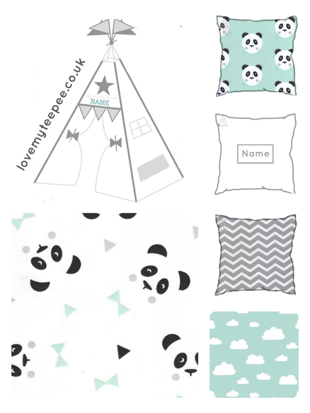 green & grey panda childrens teepee