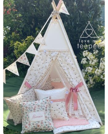 Handmade Kids ivory teepee in Cloudy Days Natural Tones with cloud print doors, pink accents, lace and pom pom detail, bunting garland, and coordinatiing scatter cushions and floor mat
