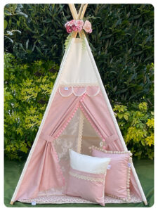 Girls Kids Teepee Tents Beautiful handmade girls’ teepee tents with lace trims, pom-poms, and floral fabrics. Personalised play tents for girls’ nurseries and bedrooms, handmade in the UK.