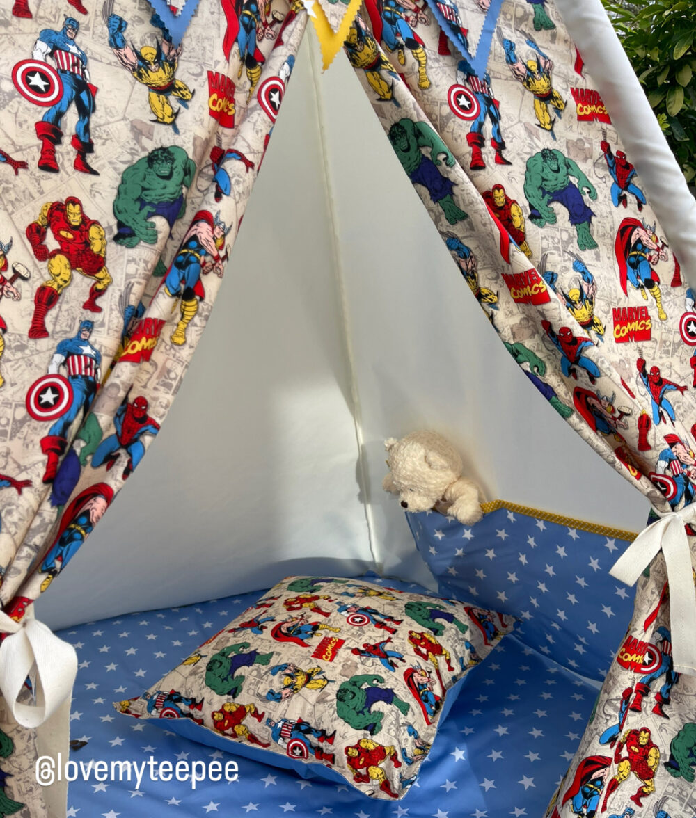Handmade kids’ teepee add-on storage pocket, designed to attach neatly inside your teepee to keep books, toys and little treasures tidy. Made in coordinating cotton fabrics to match your teepee and accessories, adding a practical and beautifully finished touch to your child’s play space.