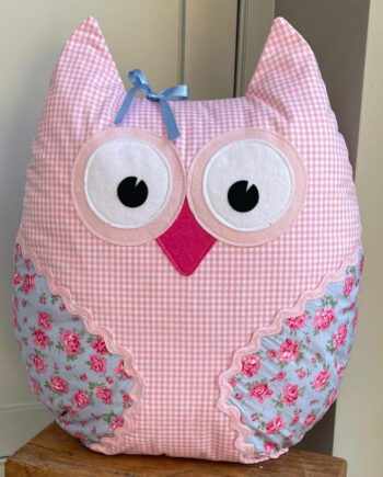 Twit Twoo owl-shaped kids cushion, handmade personalised owl toy cushion for teepee, nursery or bedroom, available in a choice of beautiful fabrics.