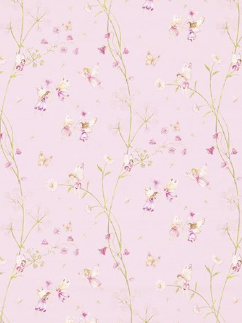 Fairyland fabric swatch in pink by Sanderson, showing whimsical fairy and floral pattern, used for handmade children’s cushions and teepee accessories