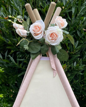 rose floral crown teepee topper, kids teepee rose floral topper, handmade floral teepee topper UK, rose flower teepee decor, classic floral teepee accessory, nursery teepee styling, play tent floral crown topper, teepee finishing touch, handmade kids teepee accessory, floral playroom decor