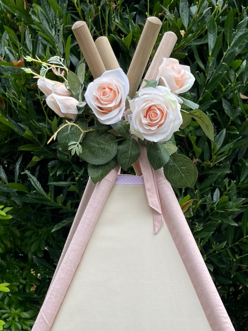 rose floral crown teepee topper, kids teepee rose floral topper, handmade floral teepee topper UK, rose flower teepee decor, classic floral teepee accessory, nursery teepee styling, play tent floral crown topper, teepee finishing touch, handmade kids teepee accessory, floral playroom decor
