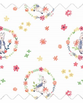 Blossom Ring fabric with pastel floral rings and rabbit illustrations on a soft white background for kids teepees, cushions and accessories
