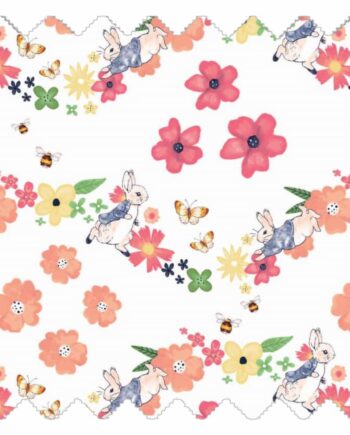Butterfly Dance fabric with pastel flowers, butterflies and rabbit illustrations on a white background for teepees and accessories