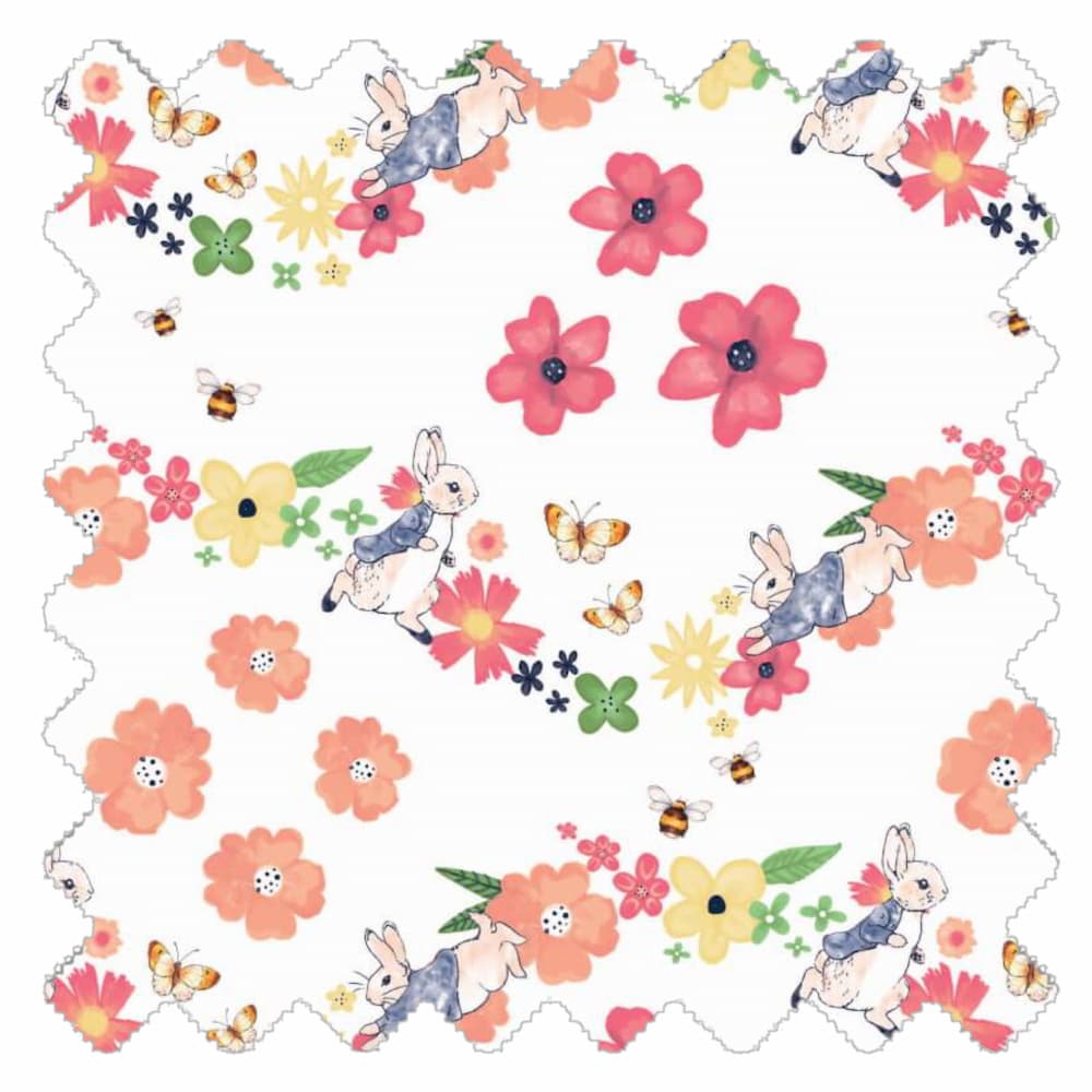 Butterfly Dance fabric with pastel flowers, butterflies and rabbit illustrations on a white background for teepees and accessories