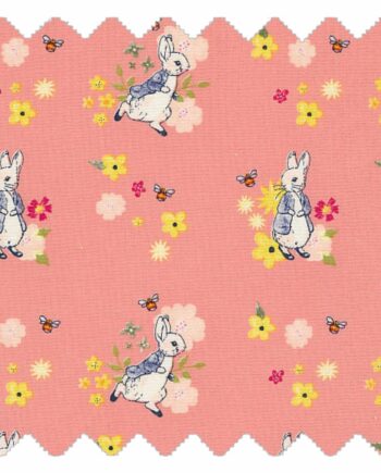 Handmade kids teepee fabric in Meadow Blossom design with coral pink tones, floral details and rabbit illustrations, Beatrix Potter inspired