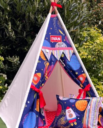 Cosmic Adventure kids teepee tent with colourful space fabric, personalised name and matching cushions