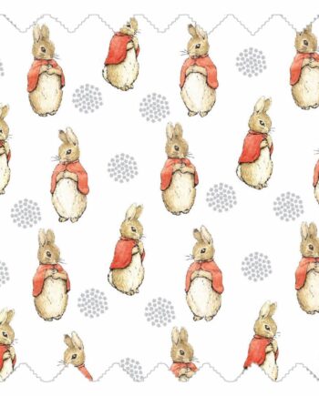 Cottontail Friends fabric with rabbits wearing red coats on a white background for kids teepees and nursery accessories