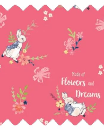 Flowers and Dreams fabric with bright pink background, floral clusters, script detail and rabbit illustrations for teepees and accessories