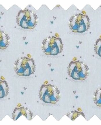Gentle Hugs fabric with blue background and rabbit embrace illustrations in circular frames for kids teepees and accessories