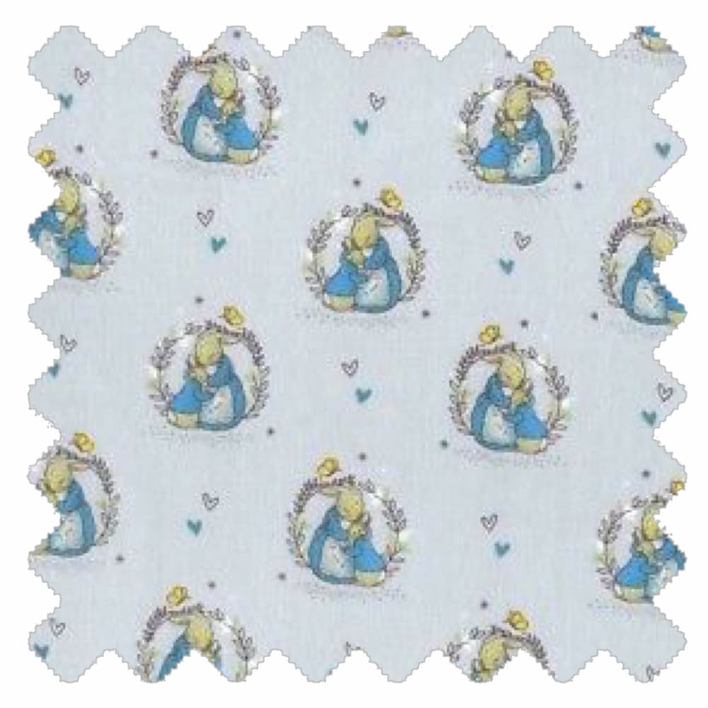 Gentle Hugs fabric with blue background and rabbit embrace illustrations in circular frames for kids teepees and accessories