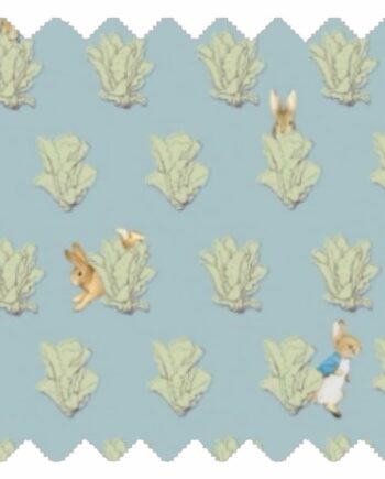 Lettuce Patch fabric with teal background, green lettuce leaves and rabbit illustrations for kids teepees and accessories