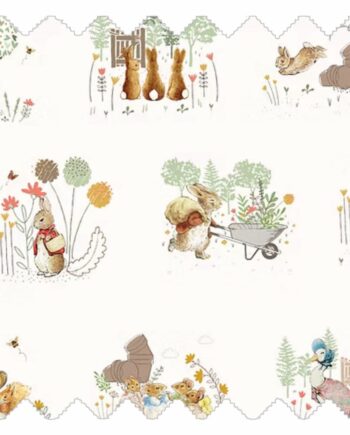 Meadow Tales fabric with ivory background and woodland rabbit illustrations in earthy tones for kids teepees and accessories
