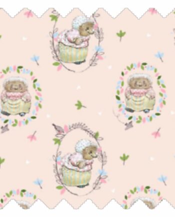 Mrs Hedgehog fabric with pink background and hedgehog illustrations in a woodland setting for kids teepees and accessories