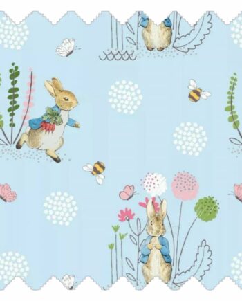 Playful Rabbit blue fabric with rabbits, bees and dandelion flowers on a soft blue background for kids teepees and accessories