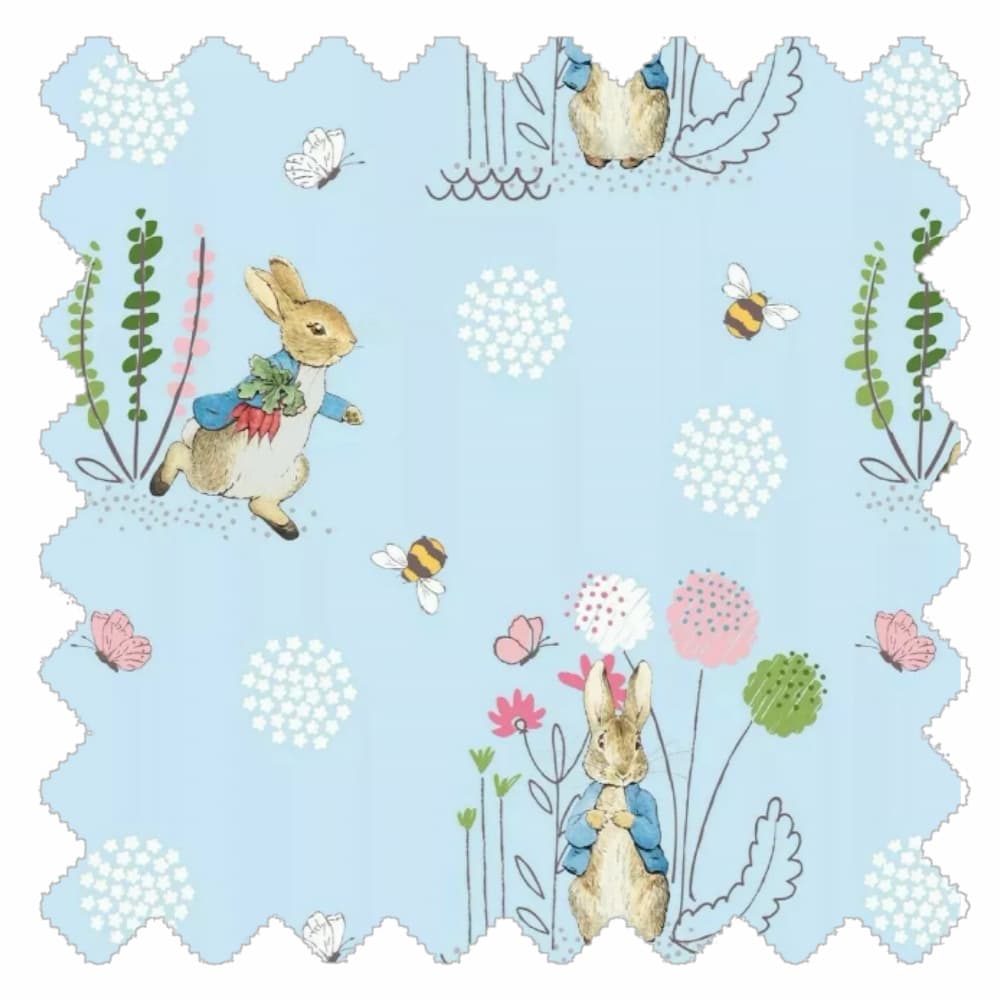Playful Rabbit blue fabric with rabbits, bees and dandelion flowers on a soft blue background for kids teepees and accessories