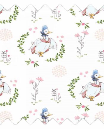 Puddle Pond fabric with duck illustrations, florals and greenery on a white background for kids teepees and accessories