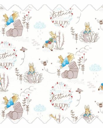 Sleepy Hollow fabric with rabbits, garden elements, plant pots and script detail on a white background for teepees and accessories