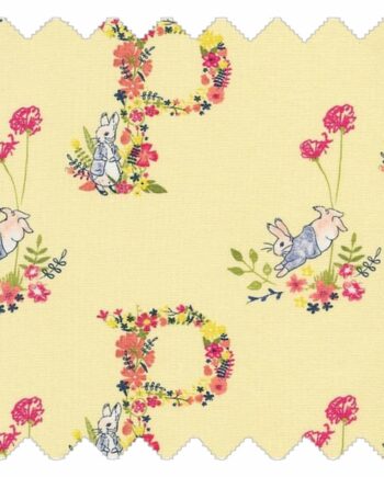 Springtime Hop fabric with yellow background, floral initial design and rabbit illustrations for kids teepees and accessories