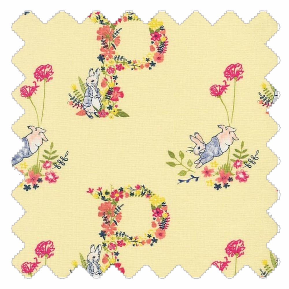 Springtime Hop fabric with yellow background, floral initial design and rabbit illustrations for kids teepees and accessories