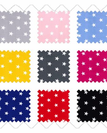 Star fabric colour options for kids teepee tents showing a range of colours with white star print on coloured backgrounds