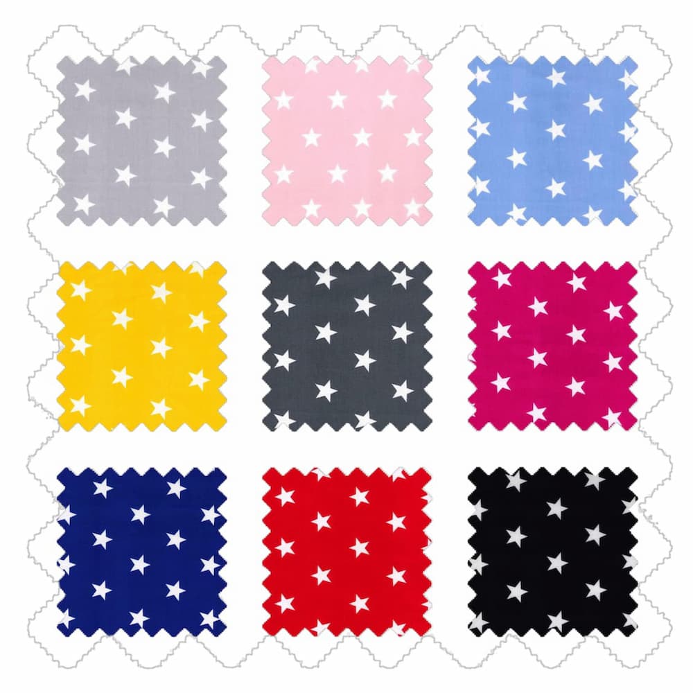Star fabric colour options for kids teepee tents showing a range of colours with white star print on coloured backgrounds