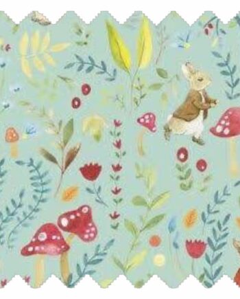 Toadstool Magic fabric with teal background, woodland elements, mushrooms and rabbit illustrations for kids teepees and accessories