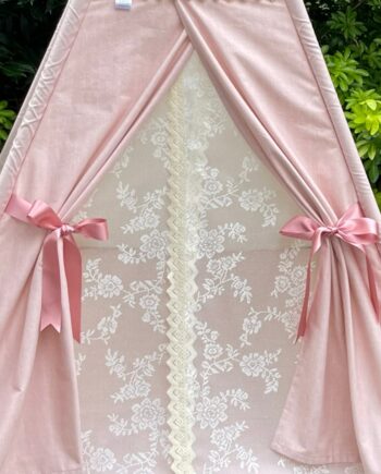 lace teepee doors inner layer behind fabric doors, off white lace entrance panels with cotton trim, handmade teepee styling option UK