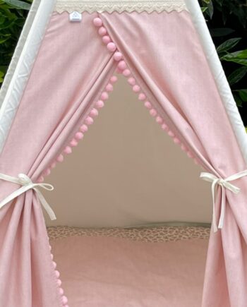 pom pom trim on kids teepee doors, decorative edging in chosen colour, handmade teepee styling option UK