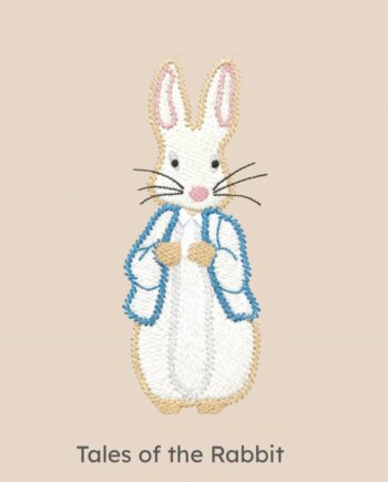 Tales of the Rabbit embroidery design for kids’ teepee, personalised embroidery placed above teepee doors, handmade in the UK