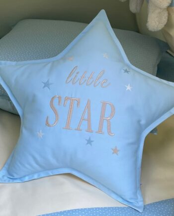 Little Star blue star-shaped cushion embroidered with Little Star design, handmade in 100% cotton for kids decor, nurseries, bedrooms and reading corners.