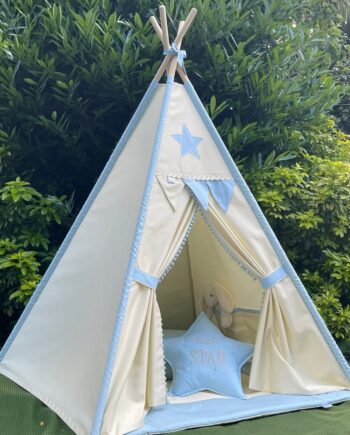 Personalised Blue Star kids teepee tent with Little Star cushion, blue star floor cushion and play mat.
