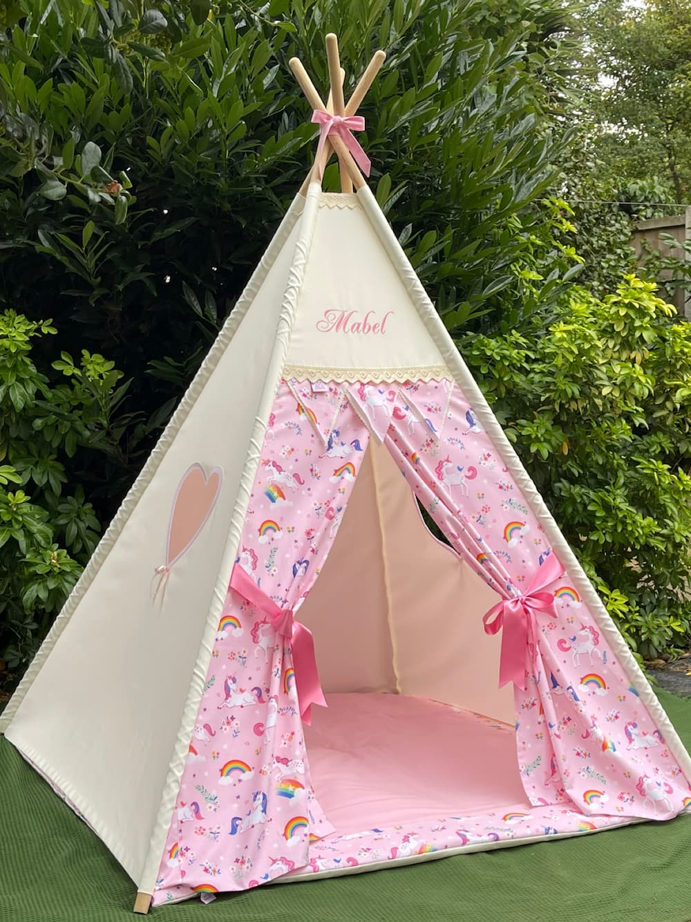 Personalised pink unicorn kids teepee tent with pink unicorn curtains, heart window and matching floor mat